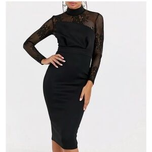 ASOS black lace scuba midi long sleeve pencil dress size 8 US